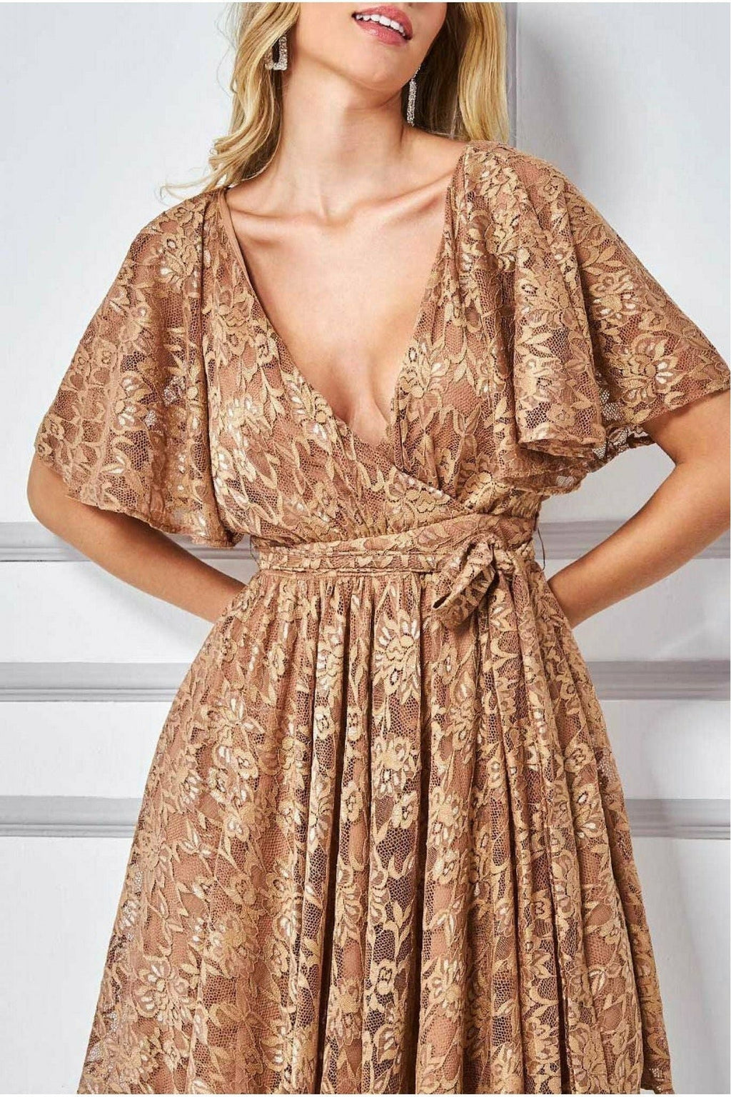 Lace Kimono Wrap Skater Mini Dress - Tan by Goddiva