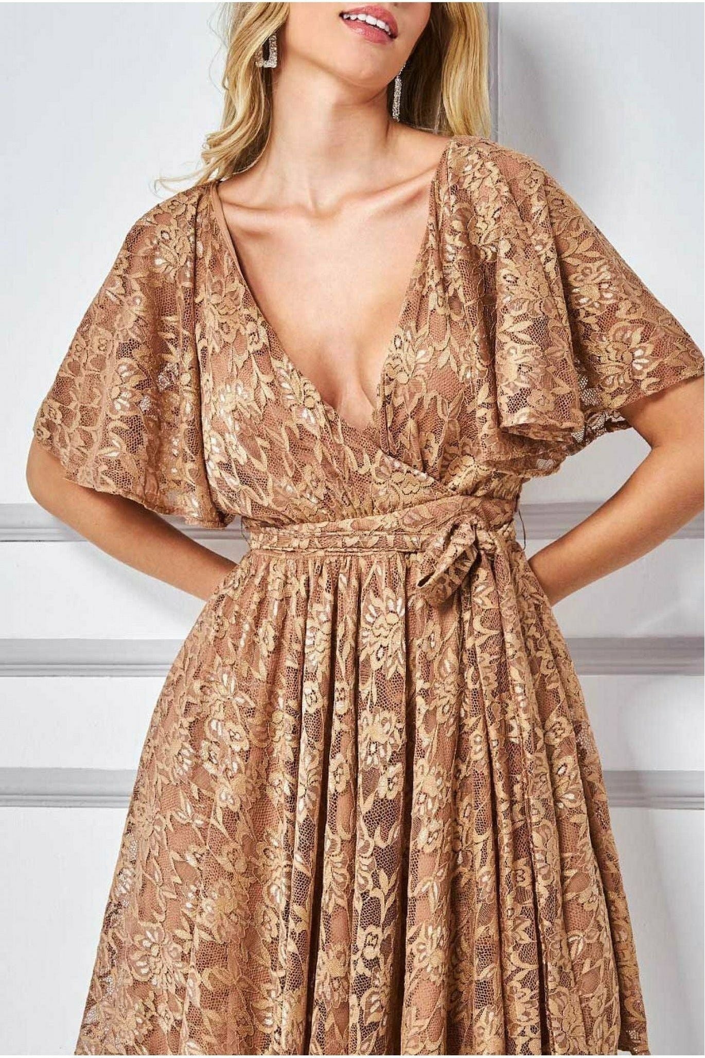 Lace Kimono Wrap Skater Mini Dress - Tan by Goddiva