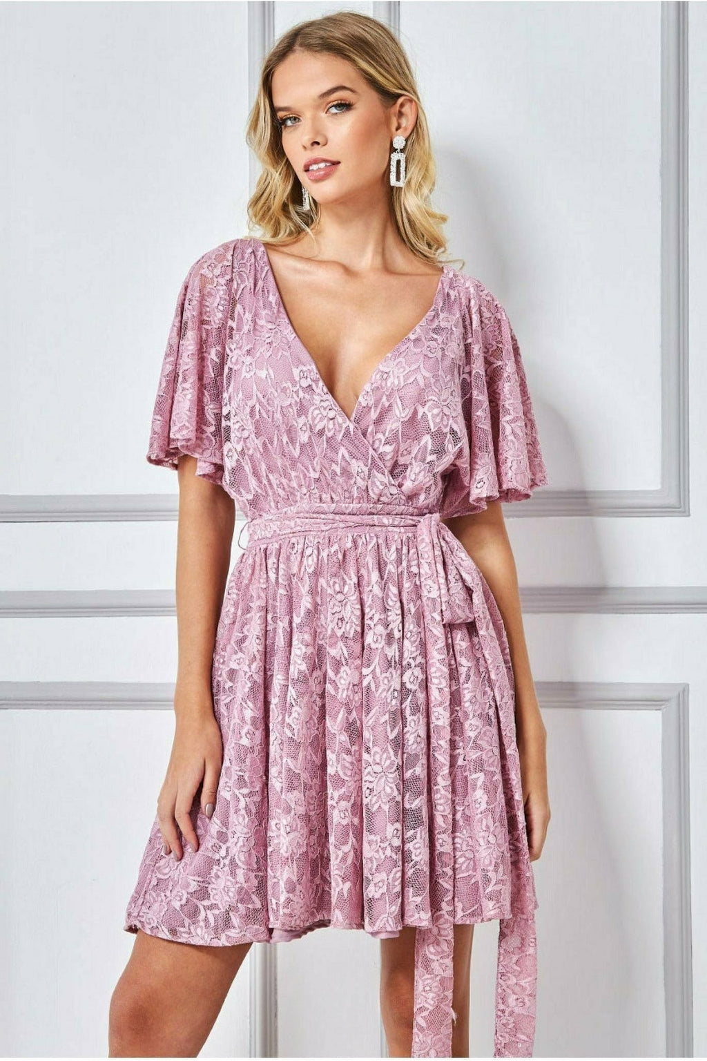 Lace Kimono Wrap Skater Mini Dress - Mauve by Goddiva