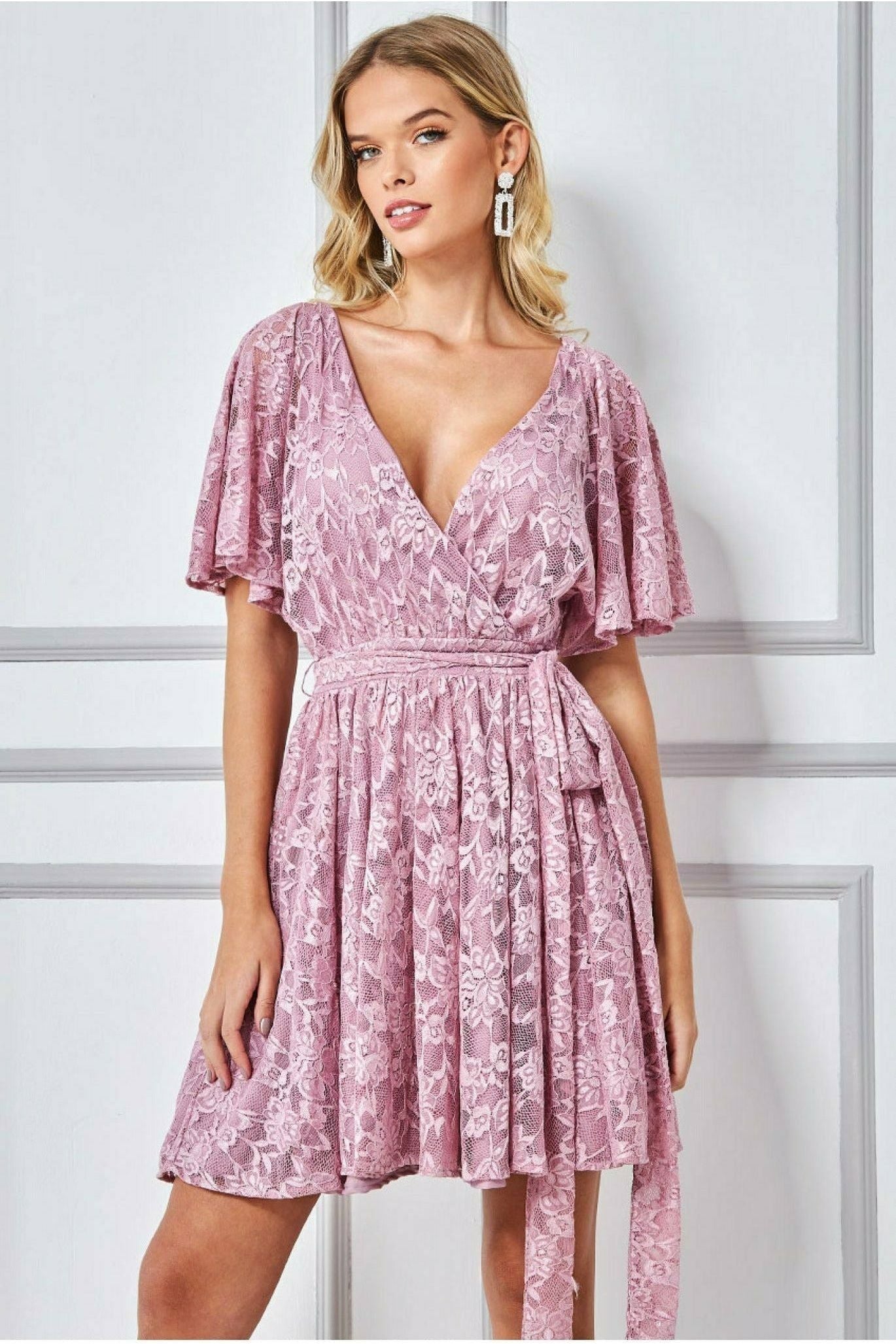 Lace Kimono Wrap Skater Mini Dress - Mauve by Goddiva