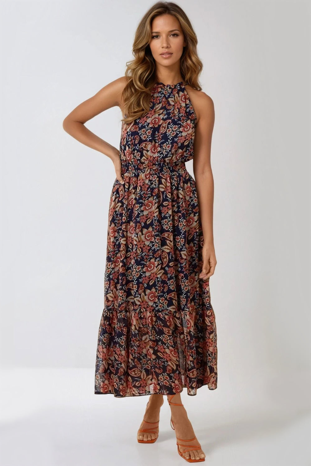 Navy Floral Print Halterneck Dress by Aftershock London