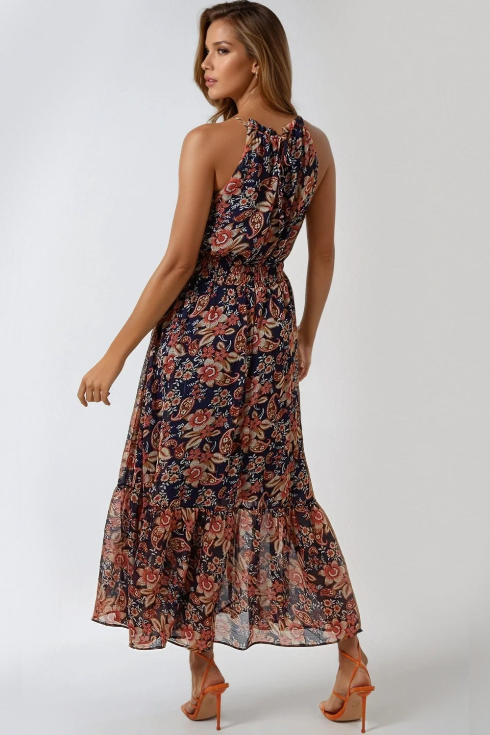 Navy Floral Print Halterneck Dress by Aftershock London
