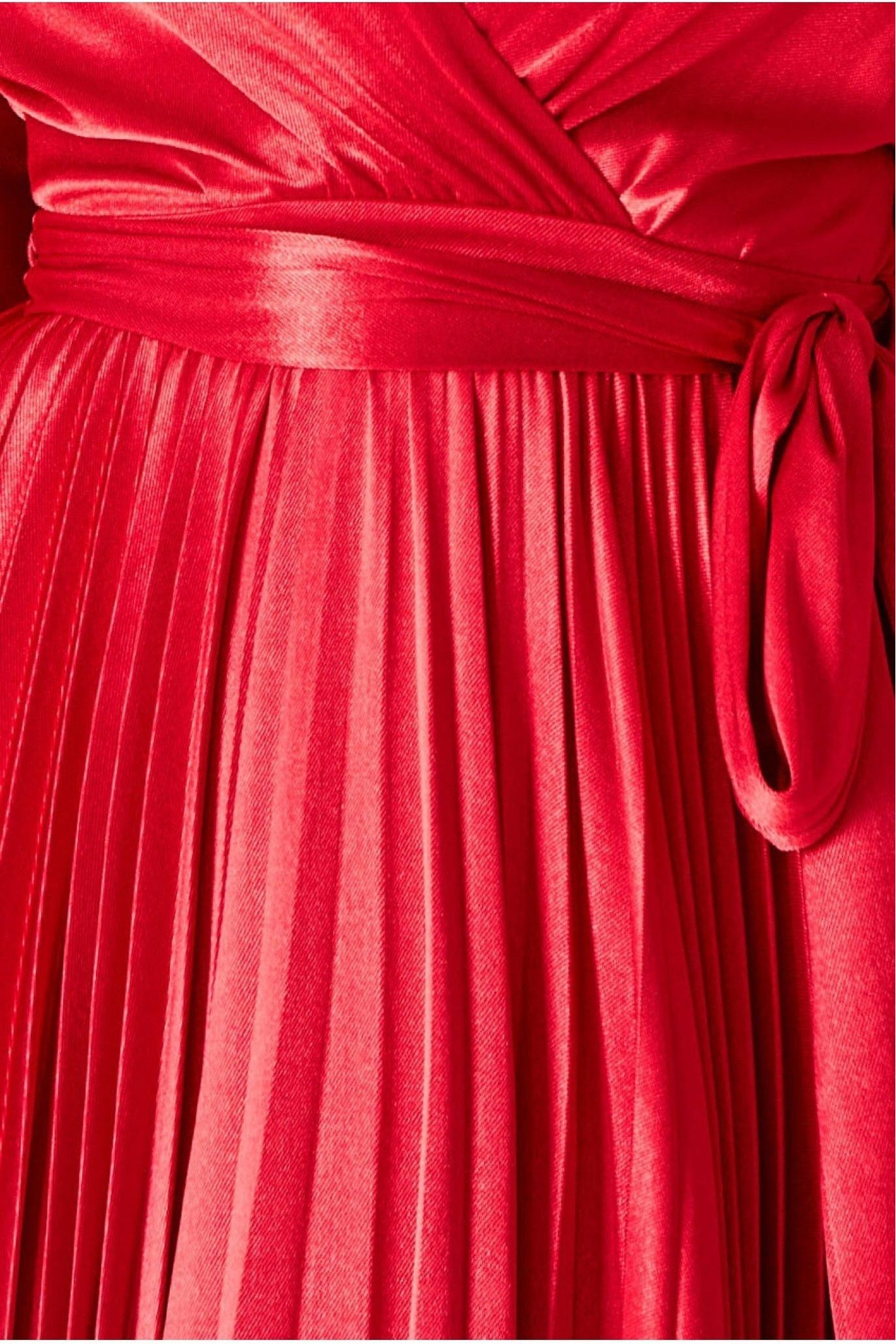 Satin Pleated Skirt Wrap Midi Dress - Red by Goddiva