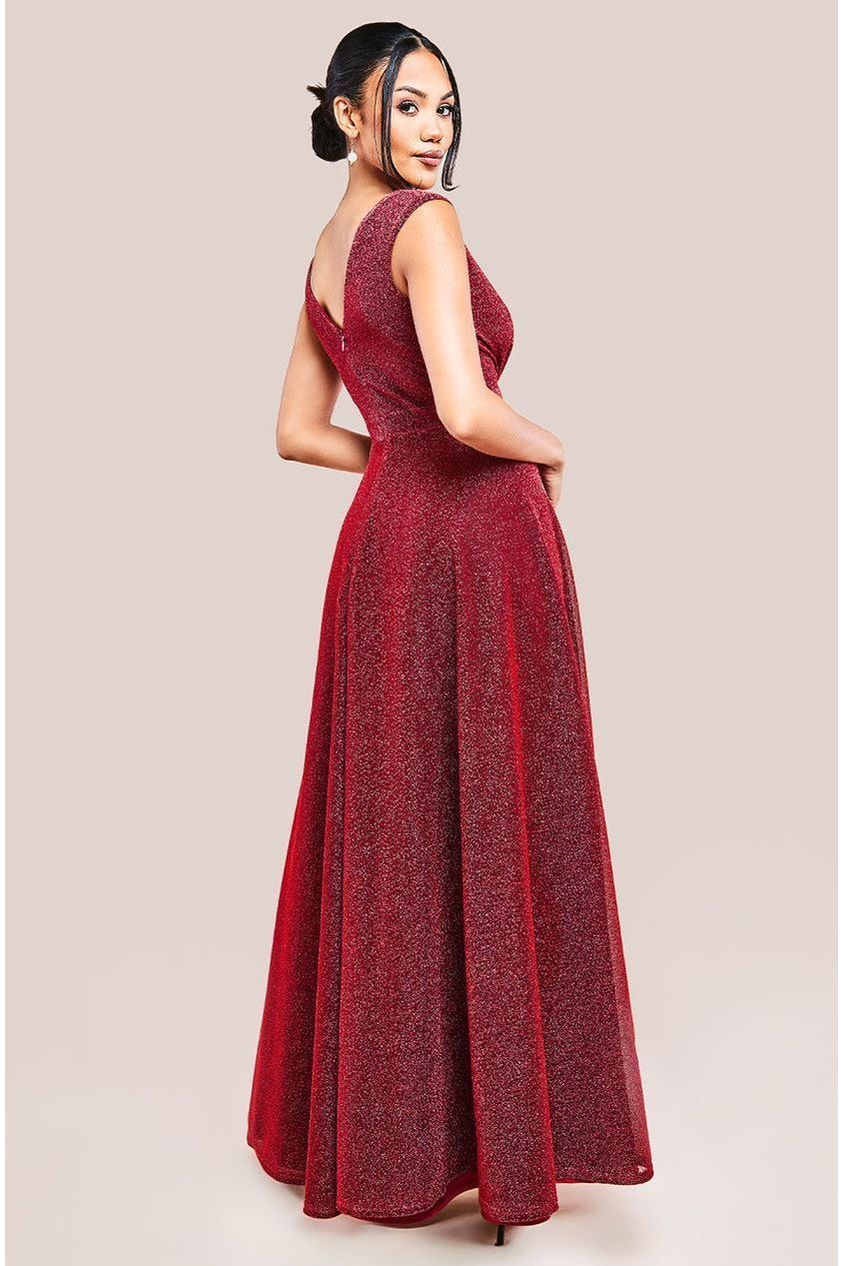 Crossover Lurex Glitter Maxi Dress - Wine by Goddiva