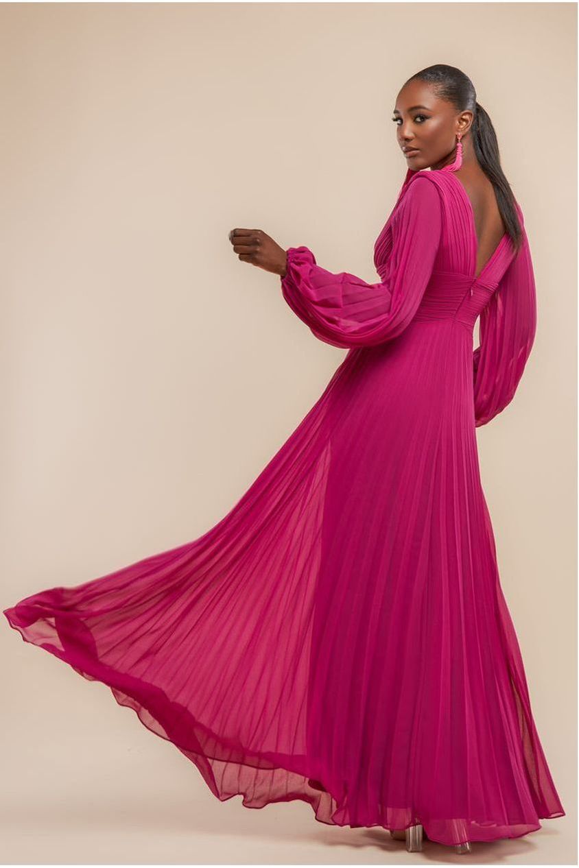 Balloon Sleeve Chiffon Maxi Dress - Magenta by Goddiva