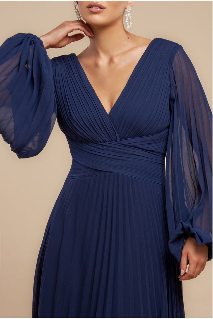 Balloon Sleeve Chiffon Maxi Dress - Navy Blue by Goddiva