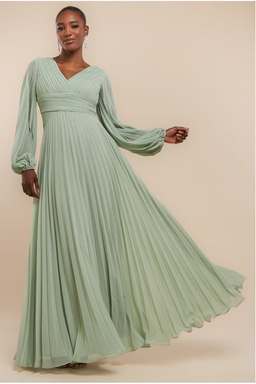 Balloon Sleeve Chiffon Maxi Dress  - Sage Green by Goddiva