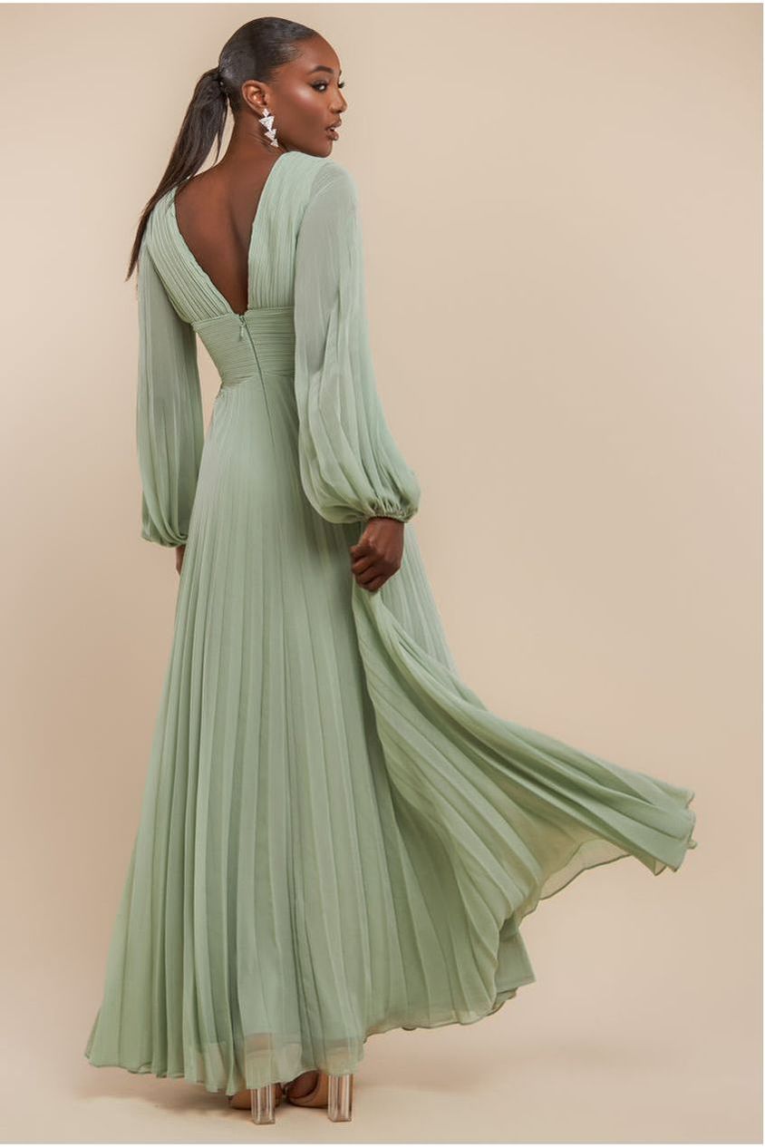 Balloon Sleeve Chiffon Maxi Dress  - Sage Green by Goddiva