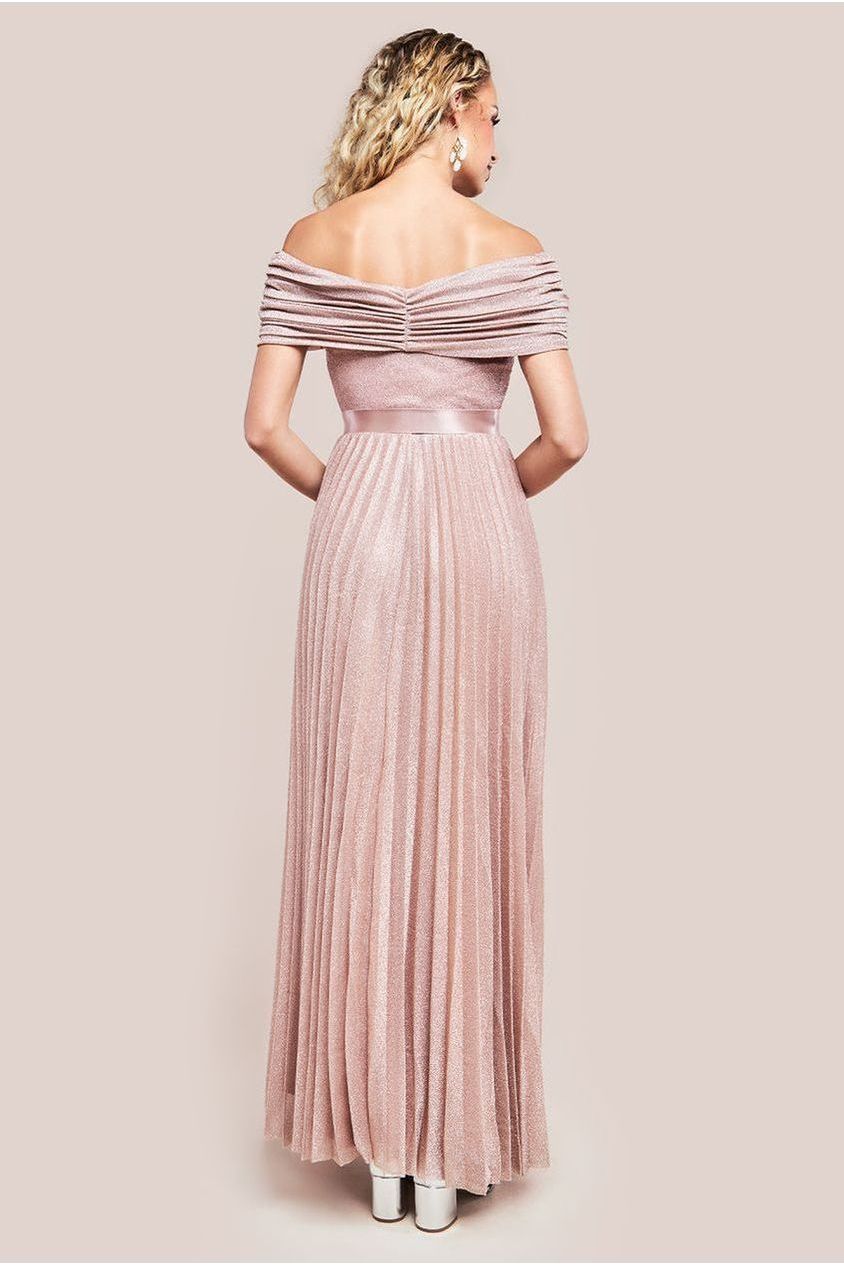 Bardot Pleated Skirt Maxi Dress - Blush by Goddiva