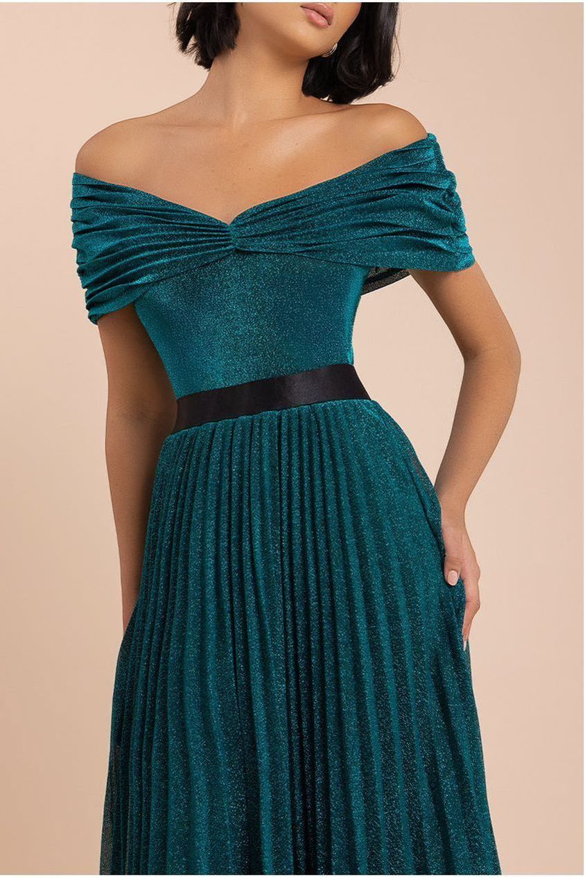 Bardot Pleated Skirt Maxi Dress - Emerald by Goddiva