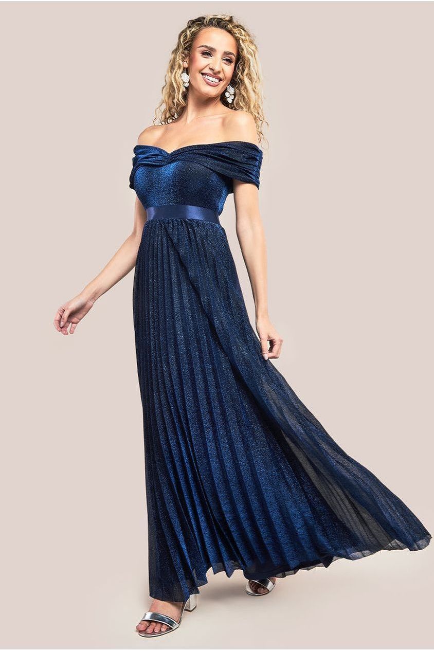 Bardot Pleated Skirt Maxi Dress - Navy by Goddiva