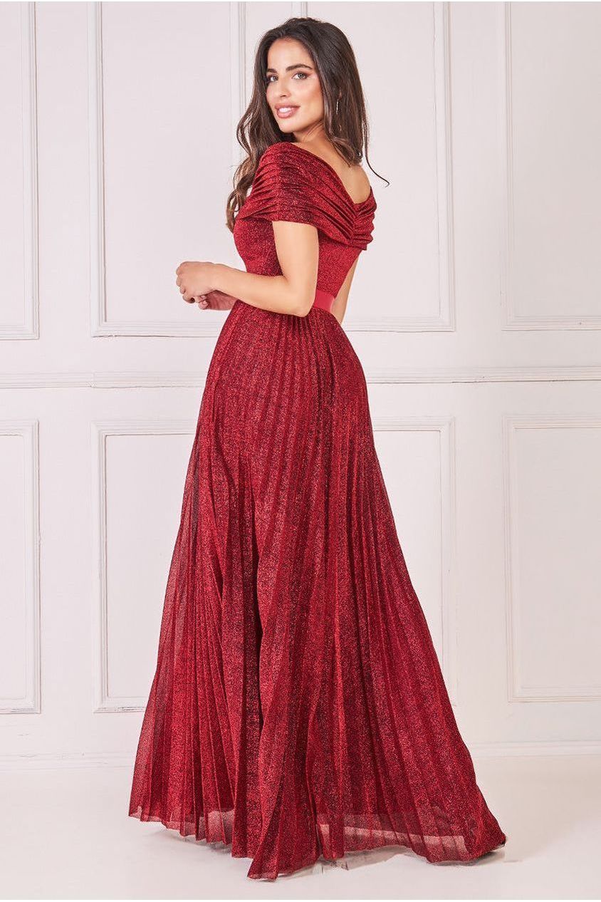 Bardot Pleated Skirt Maxi Dress - Wine by Goddiva