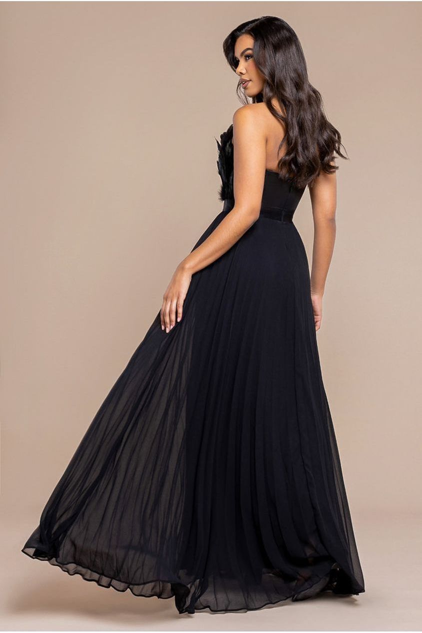 Feather Off The Shoulder Pleated Evening Maxi Dress - Black by Goddiva