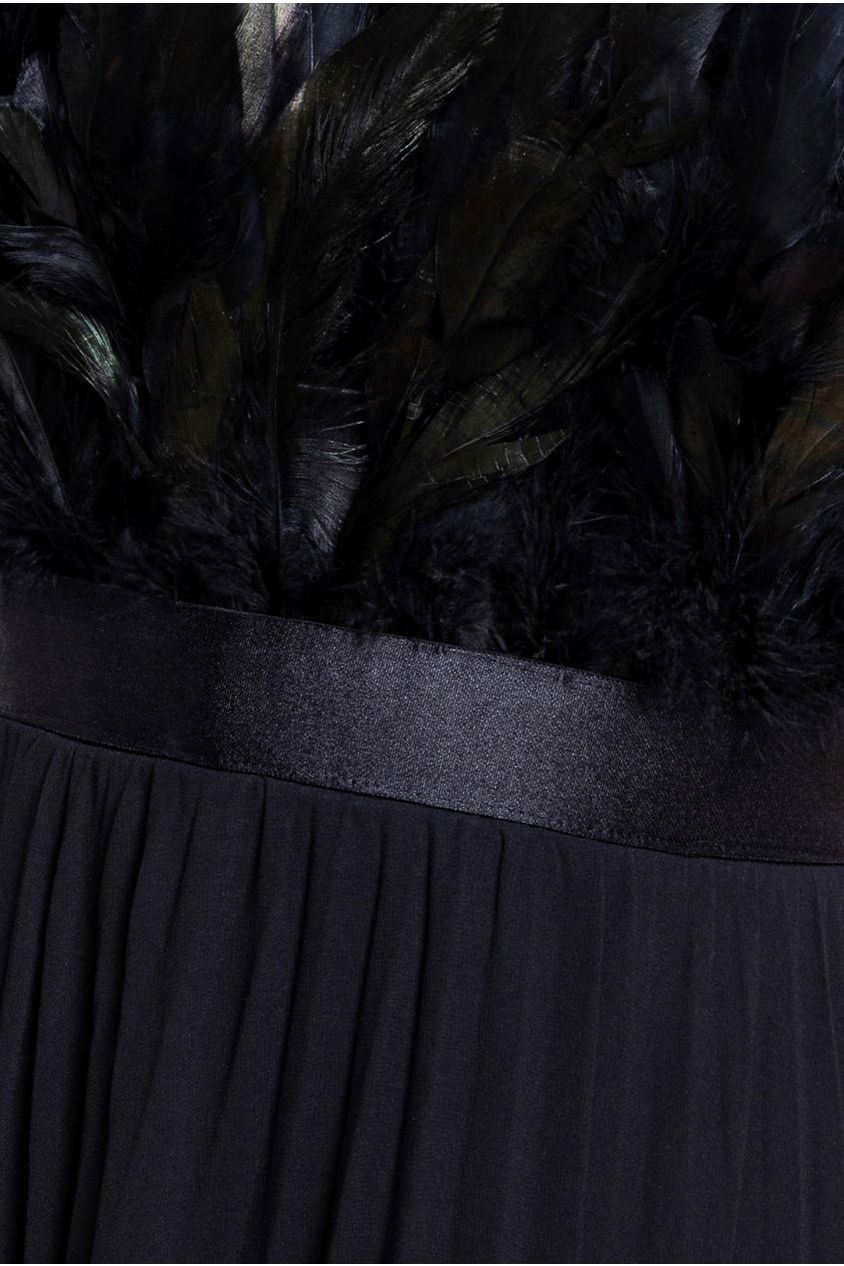 Feather Off The Shoulder Pleated Evening Maxi Dress - Black by Goddiva