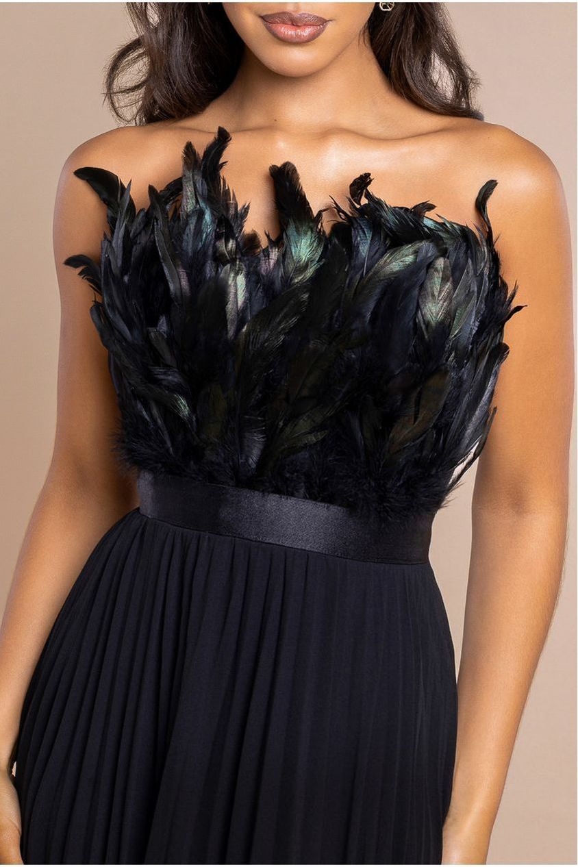 Feather Off The Shoulder Pleated Evening Maxi Dress - Black by Goddiva