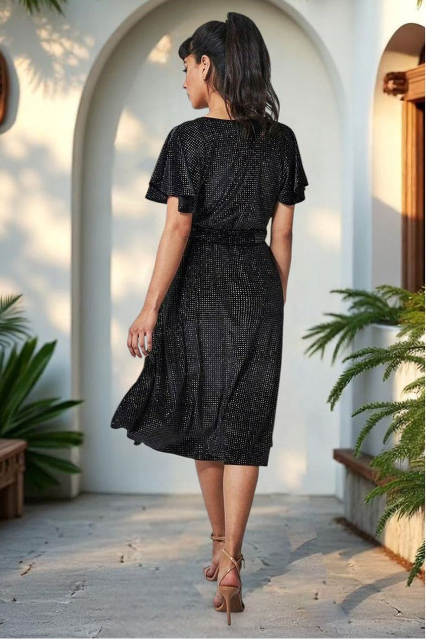 Sparkle Wrap Style Flutter Sleeve Midi Dress - Black by Goddiva