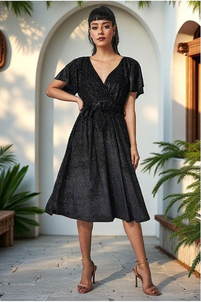 Sparkle Wrap Style Flutter Sleeve Midi Dress - Black by Goddiva