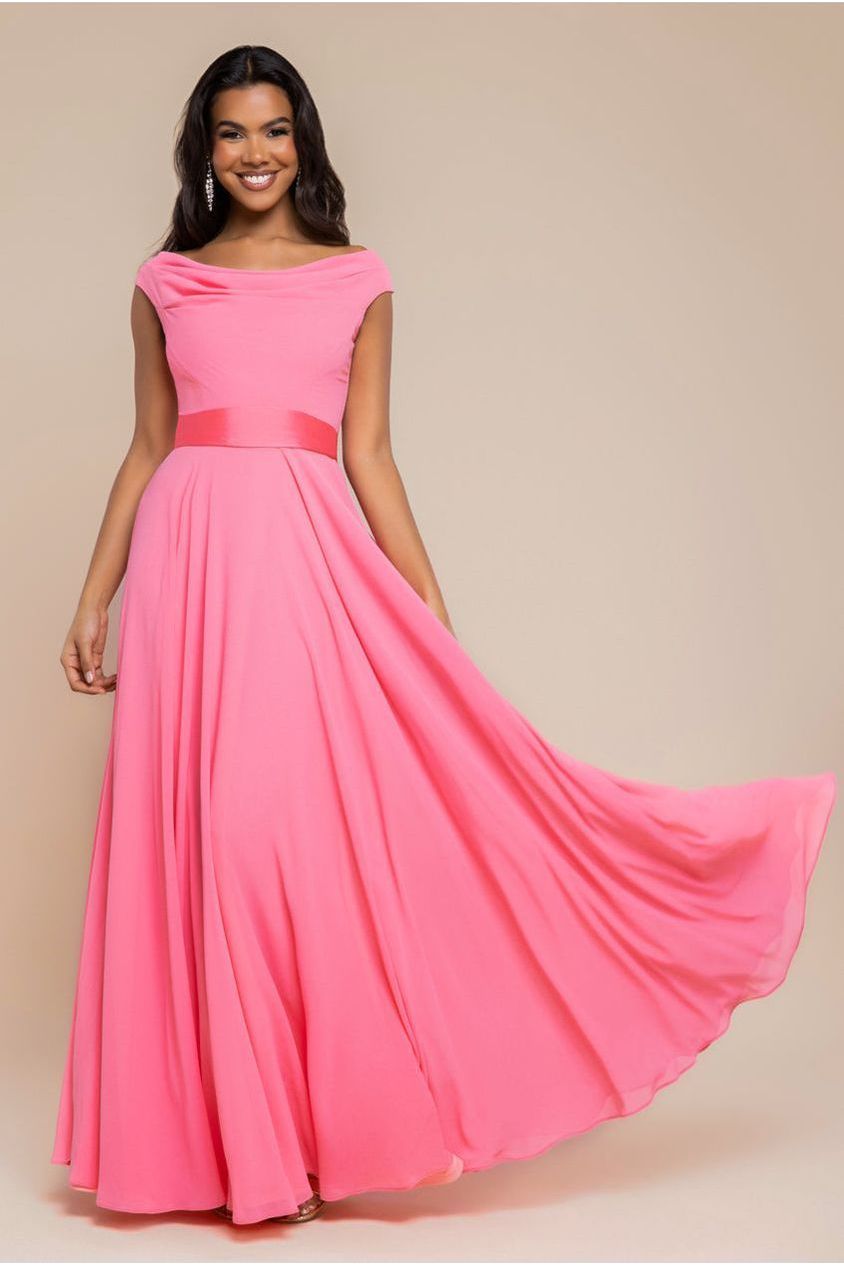 Cowl Neck A-Line Chiffon Maxi Dress - Coral by Goddiva