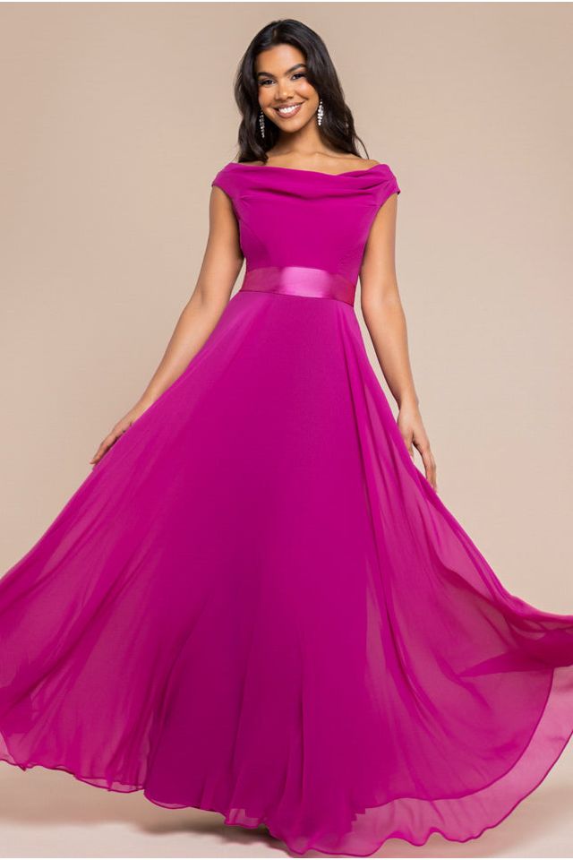 Cowl Neck Chiffon Maxi Dress - Magenta by Goddiva