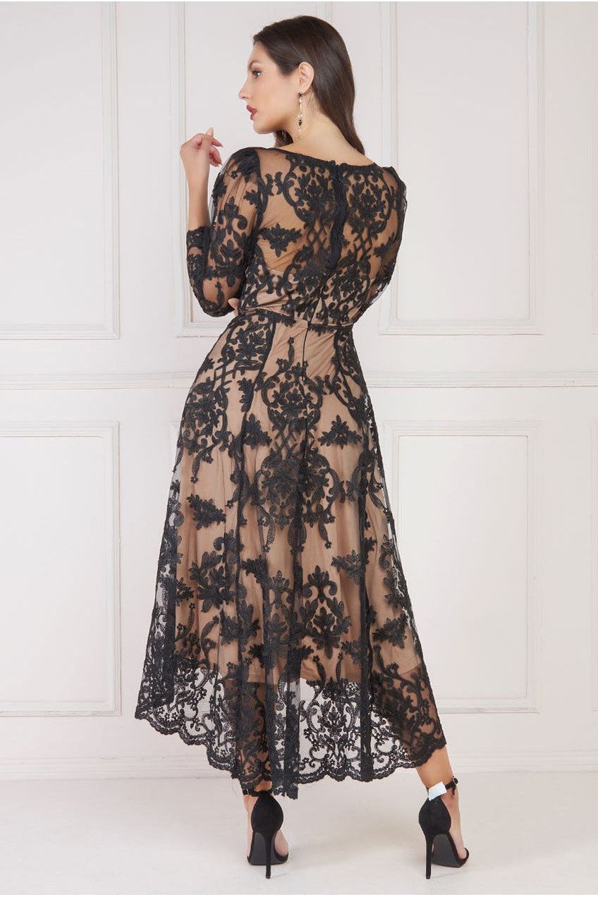 Scalloped Lace Dipped Hem Midi Dress - Black by Goddiva