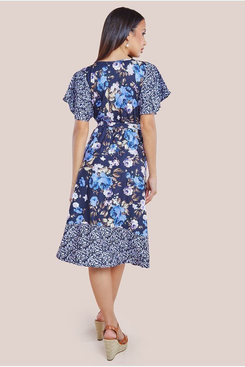 Flutter Sleeve Printed Midi Dress - Navy Print by Goddiva