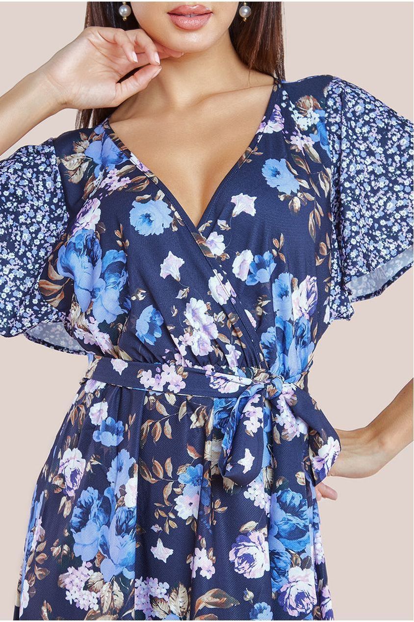 Flutter Sleeve Printed Midi Dress - Navy Print by Goddiva