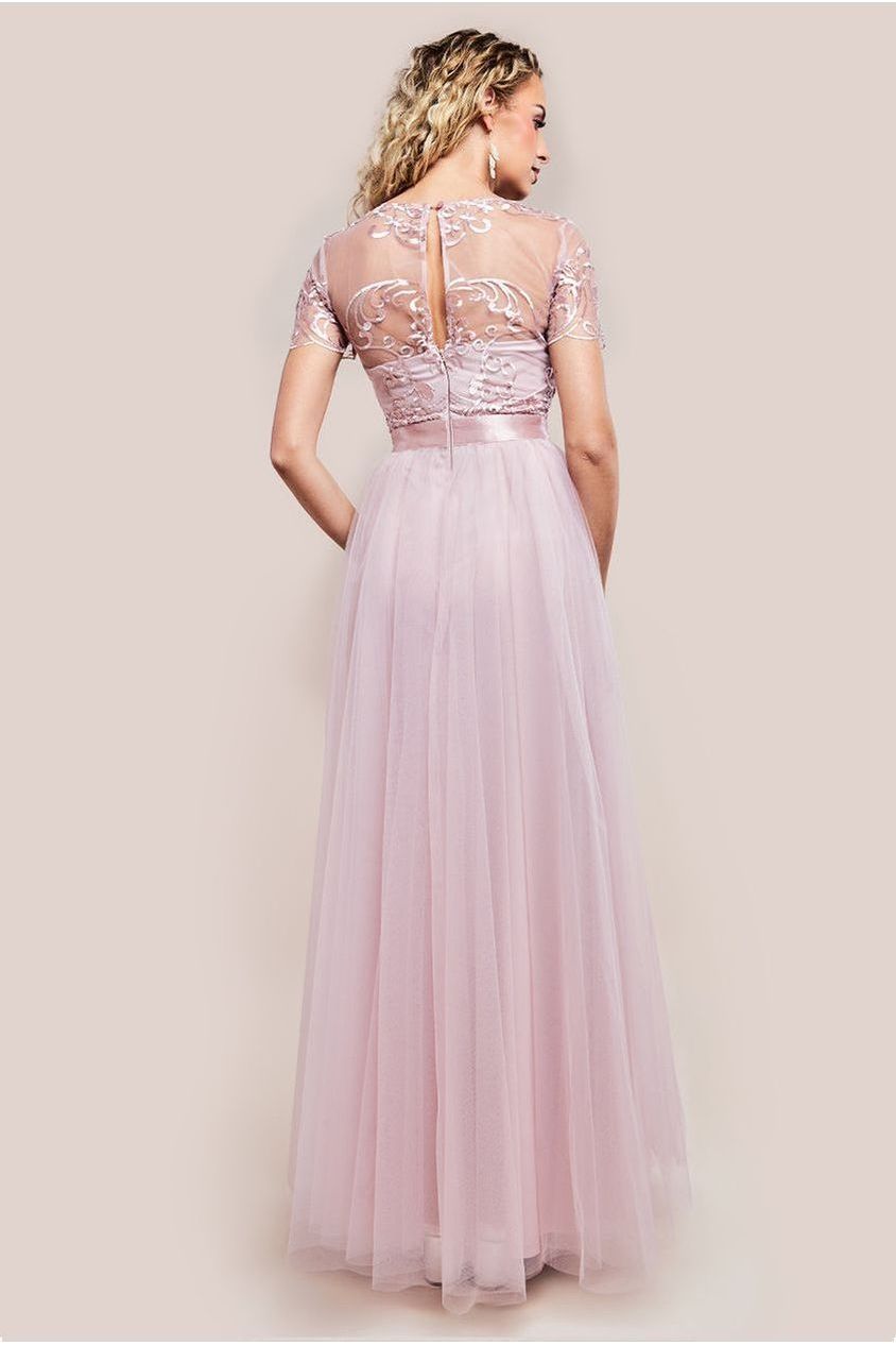 Embroidered Mesh Maxi Dress - Blush by Goddiva