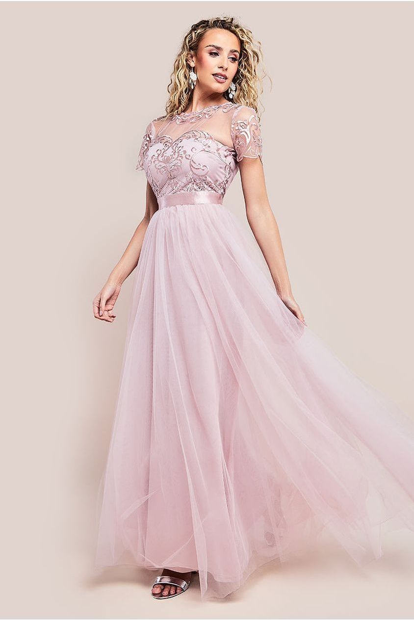 Embroidered Mesh Maxi Dress - Blush by Goddiva