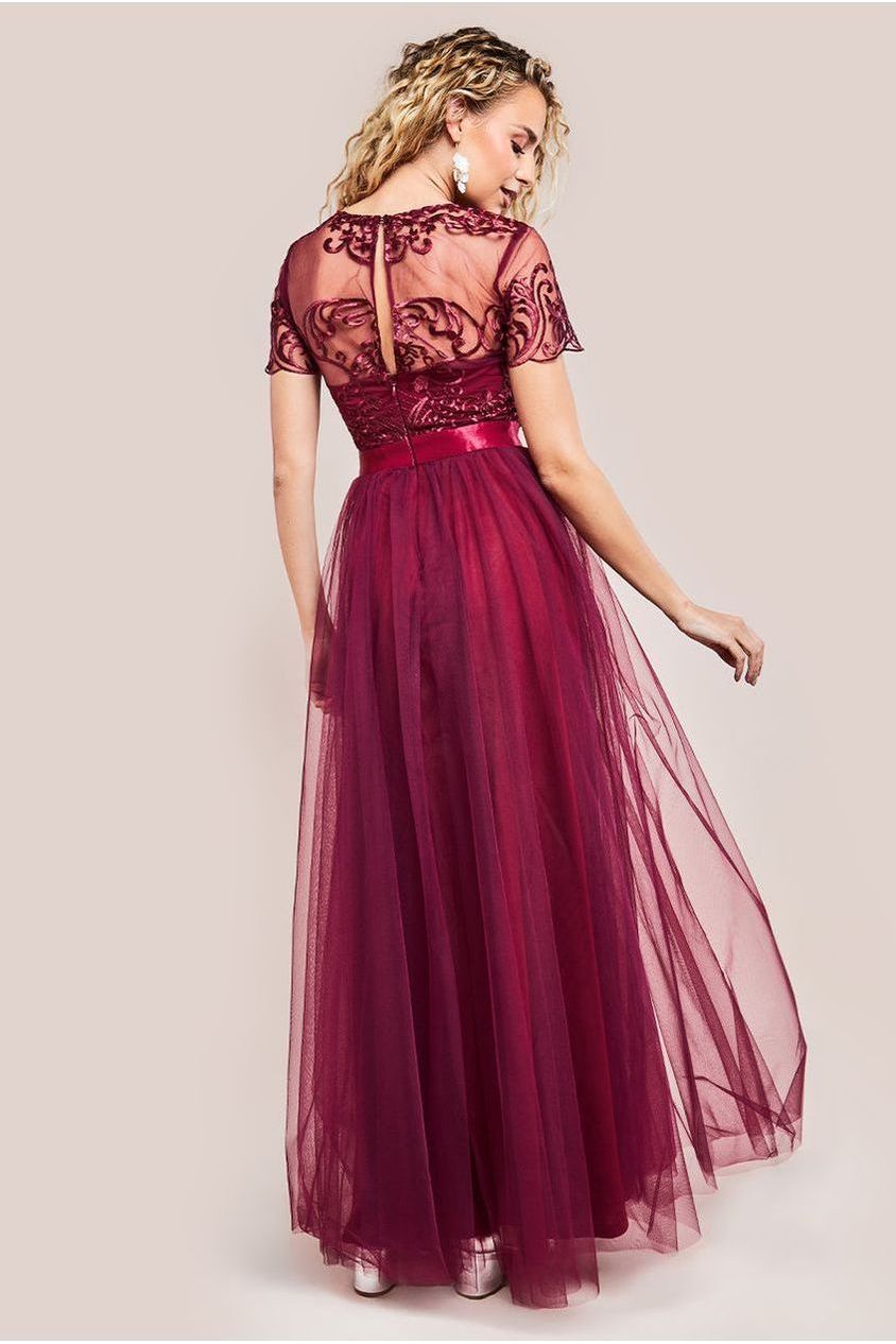 Embroidered Mesh Maxi Dress - Burgundy by Goddiva