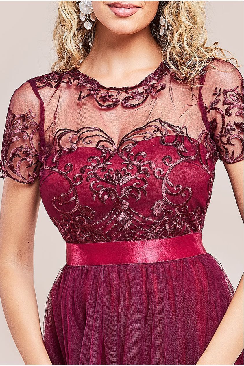 Embroidered Mesh Maxi Dress - Burgundy by Goddiva