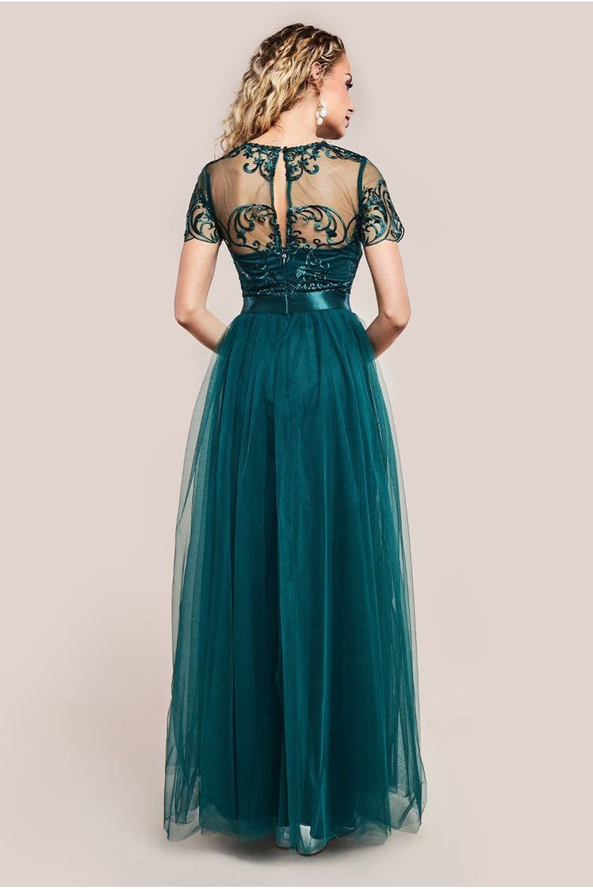 Embroidered Mesh Maxi Dress - Emerald Green by Goddiva