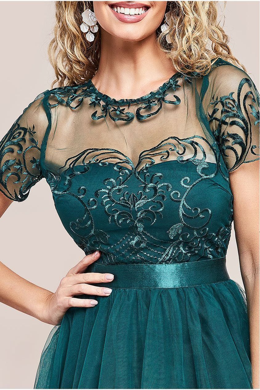 Embroidered Mesh Maxi Dress - Emerald Green by Goddiva