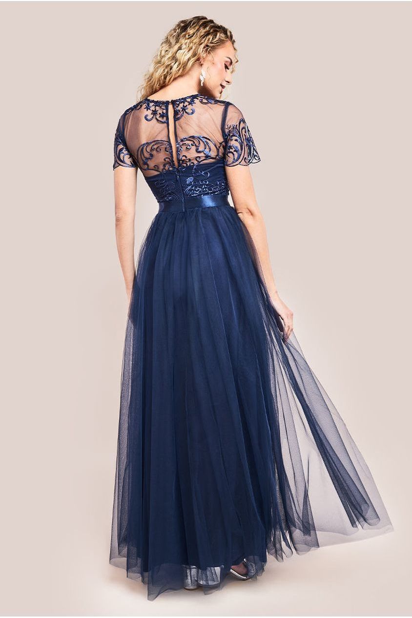 Embroidered Mesh Maxi Dress - Navy by Goddiva