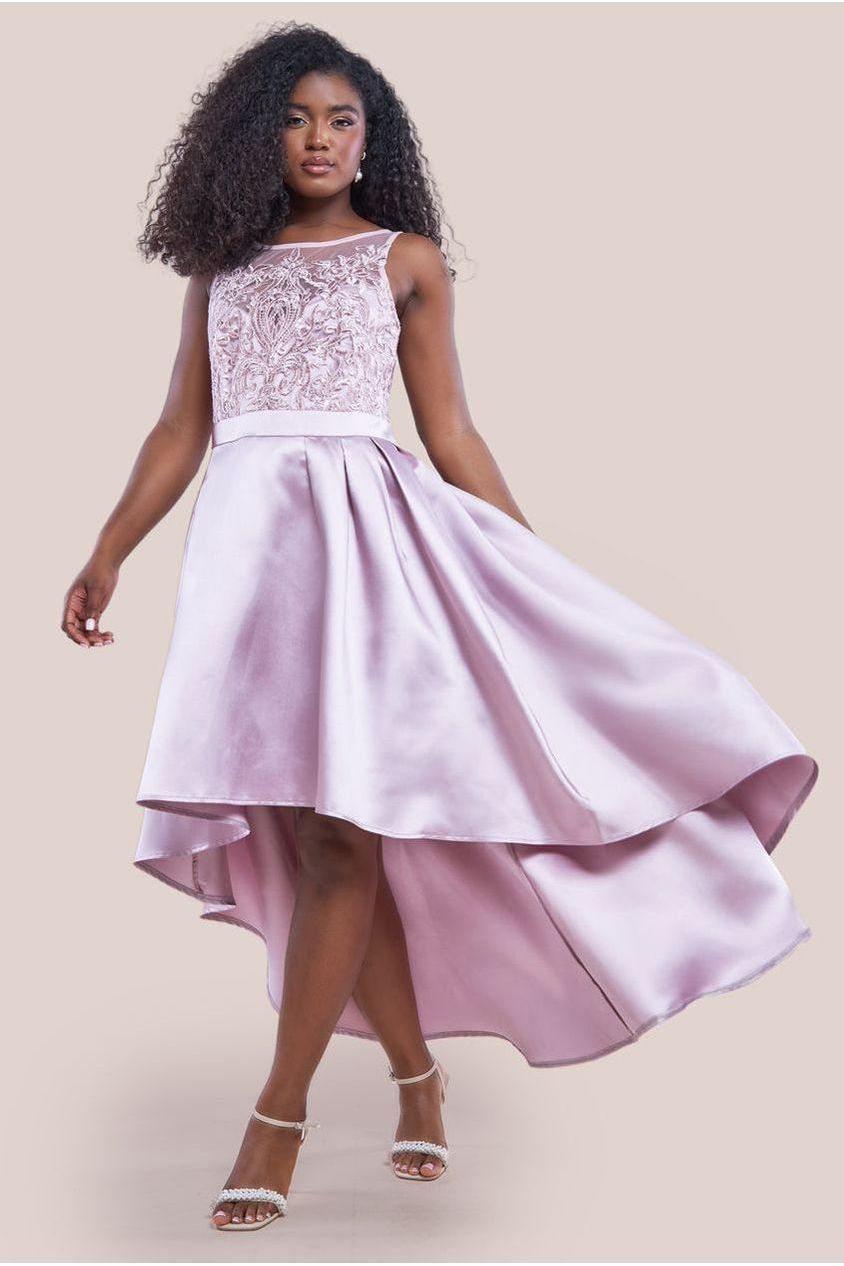 Sequin & Satin Dipped Hem Midi Dress - Blush by Goddiva