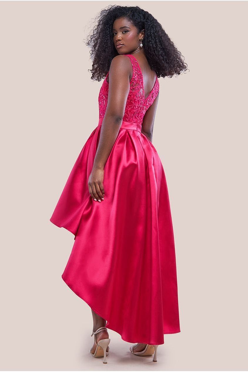 Sequin & Satin Dipped Hem Midi  - Hot Pink by Goddiva