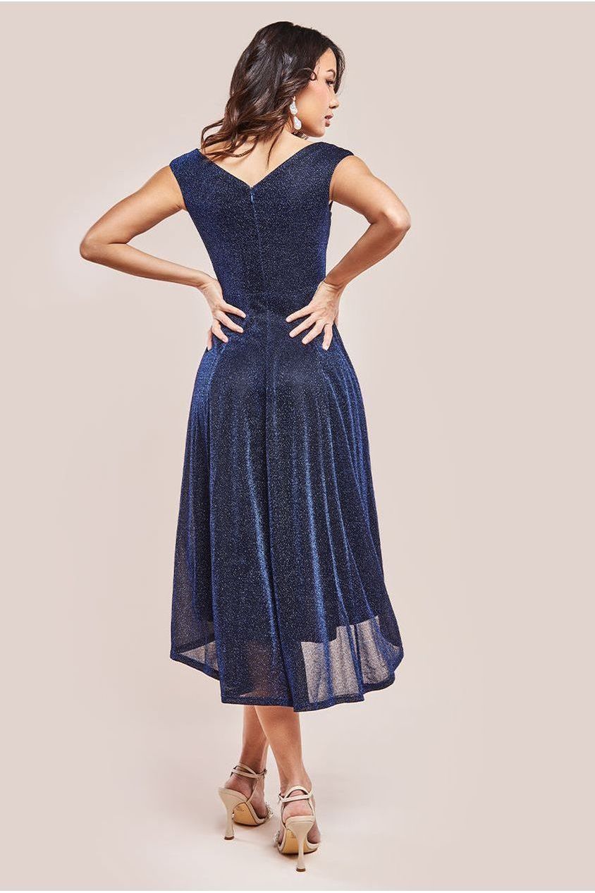 Off The Shoulder Lurex High Low Dress - Navy by Goddiva