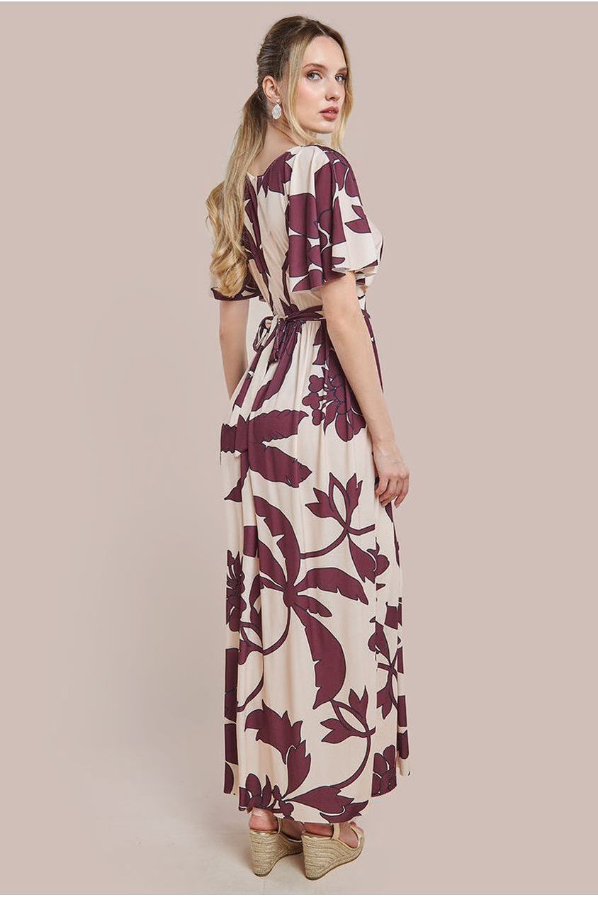 Leaf Print Flutter Sleeve Maxi Dress - Cream by Goddiva