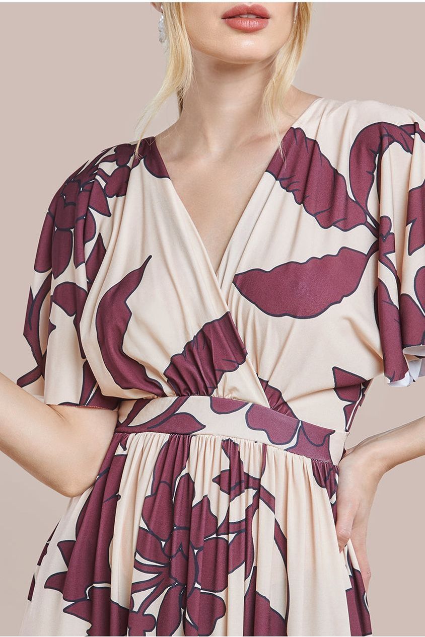 Leaf Print Flutter Sleeve Maxi Dress - Cream by Goddiva