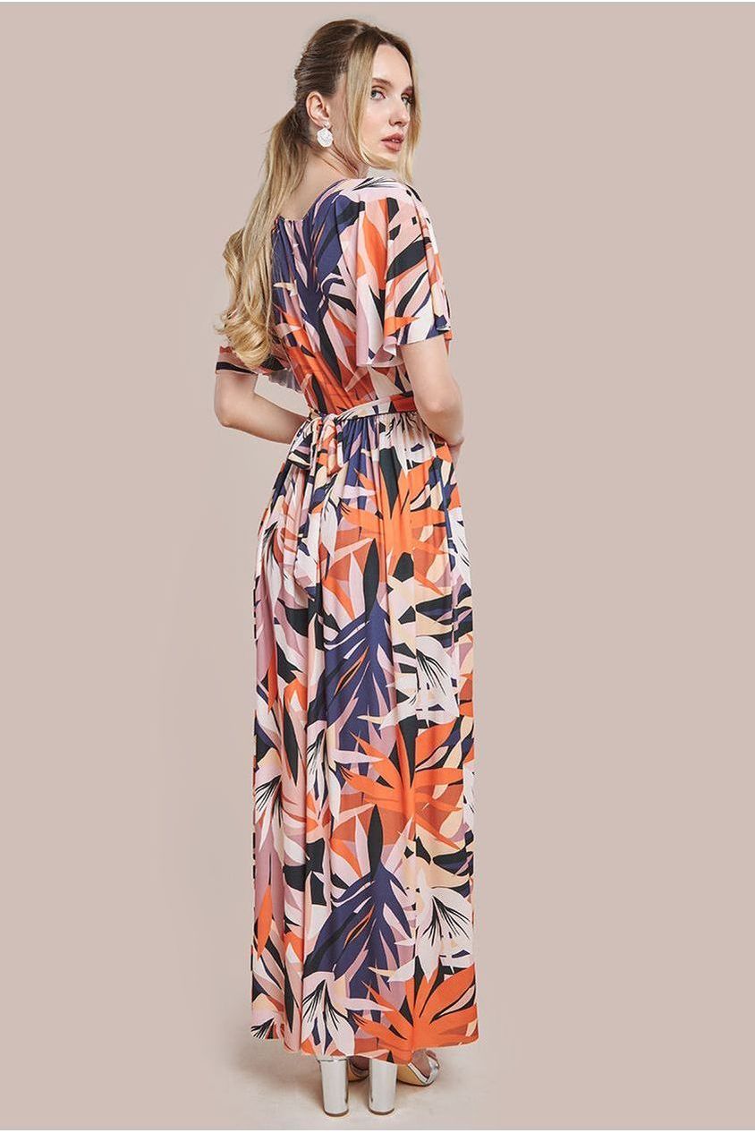 Floral Print Flutter Sleeve Maxi - Orange Print by Goddiva