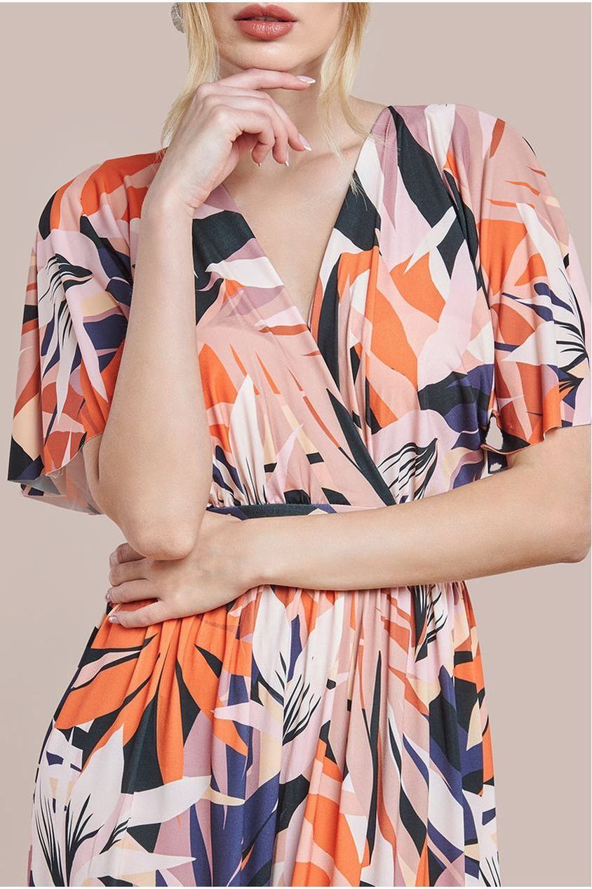 Floral Print Flutter Sleeve Maxi - Orange Print by Goddiva