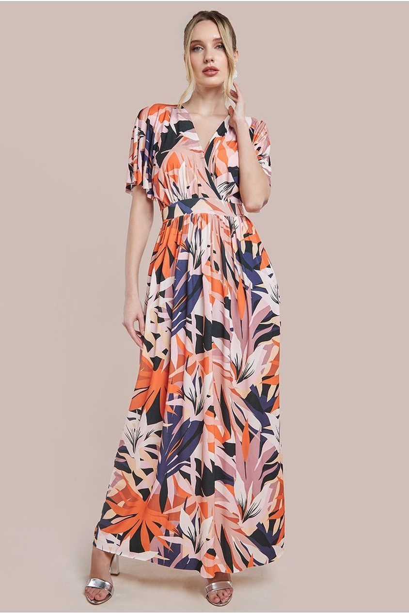Floral Print Flutter Sleeve Maxi - Orange Print by Goddiva