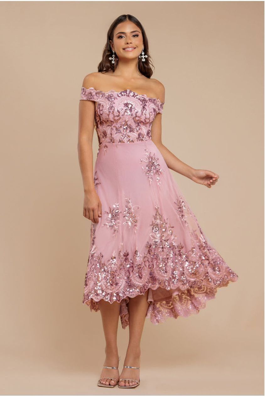 Bardot Sequin & Lace High Low Midi - Blush by Goddiva