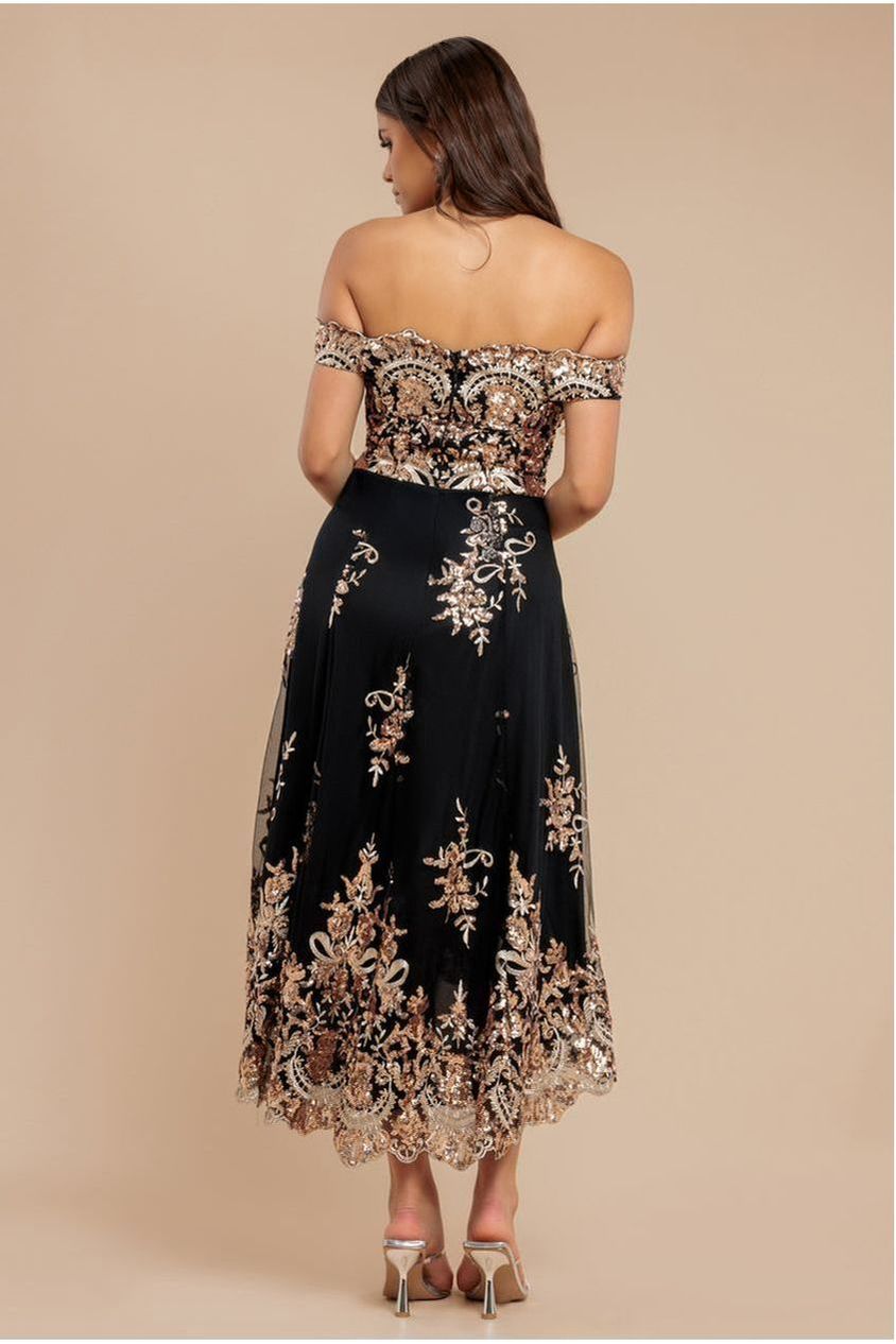 Bardot Sequin & Lace High Low Midi - Champagne by Goddiva