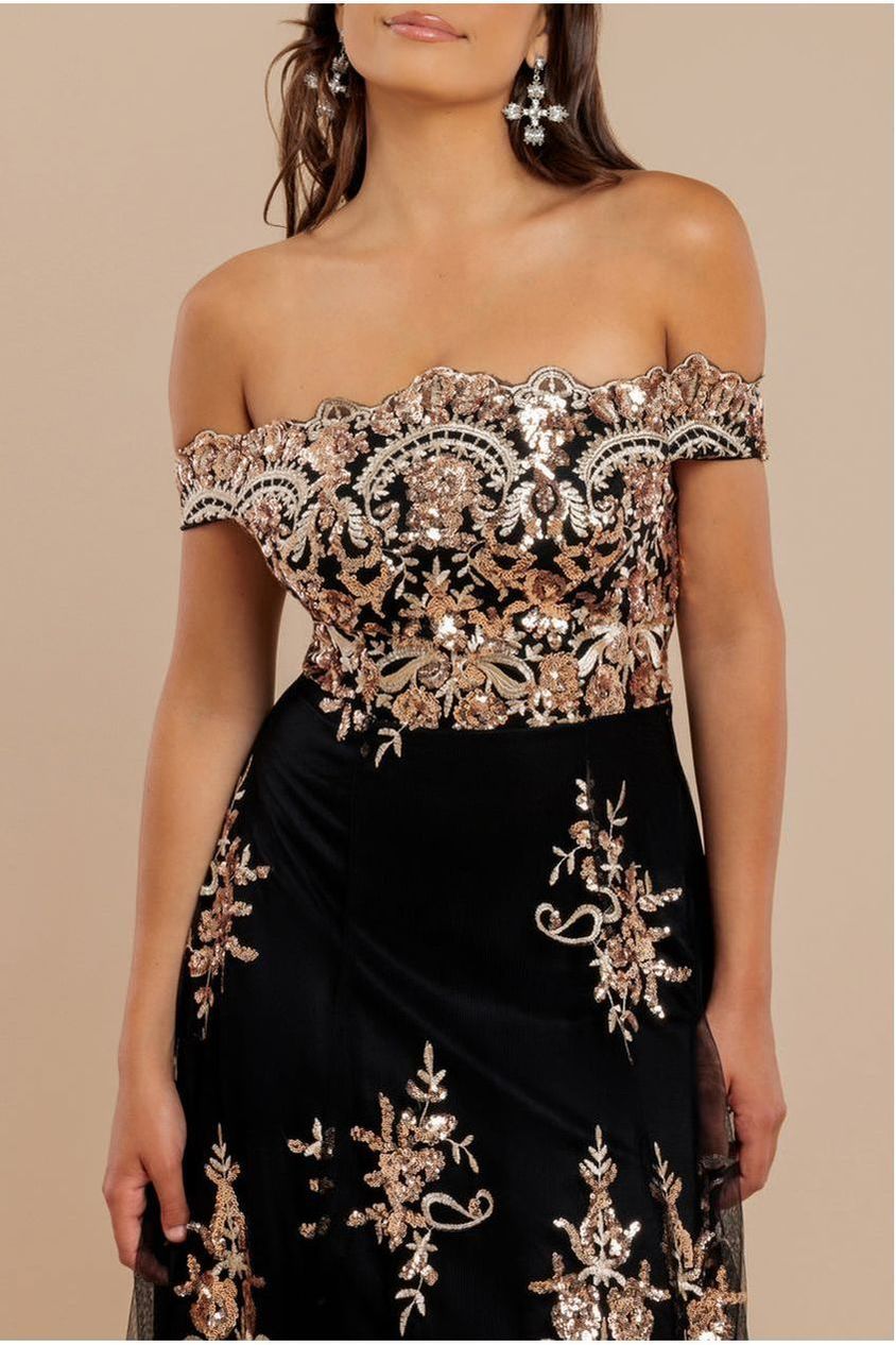 Bardot Sequin & Lace High Low Midi - Champagne by Goddiva