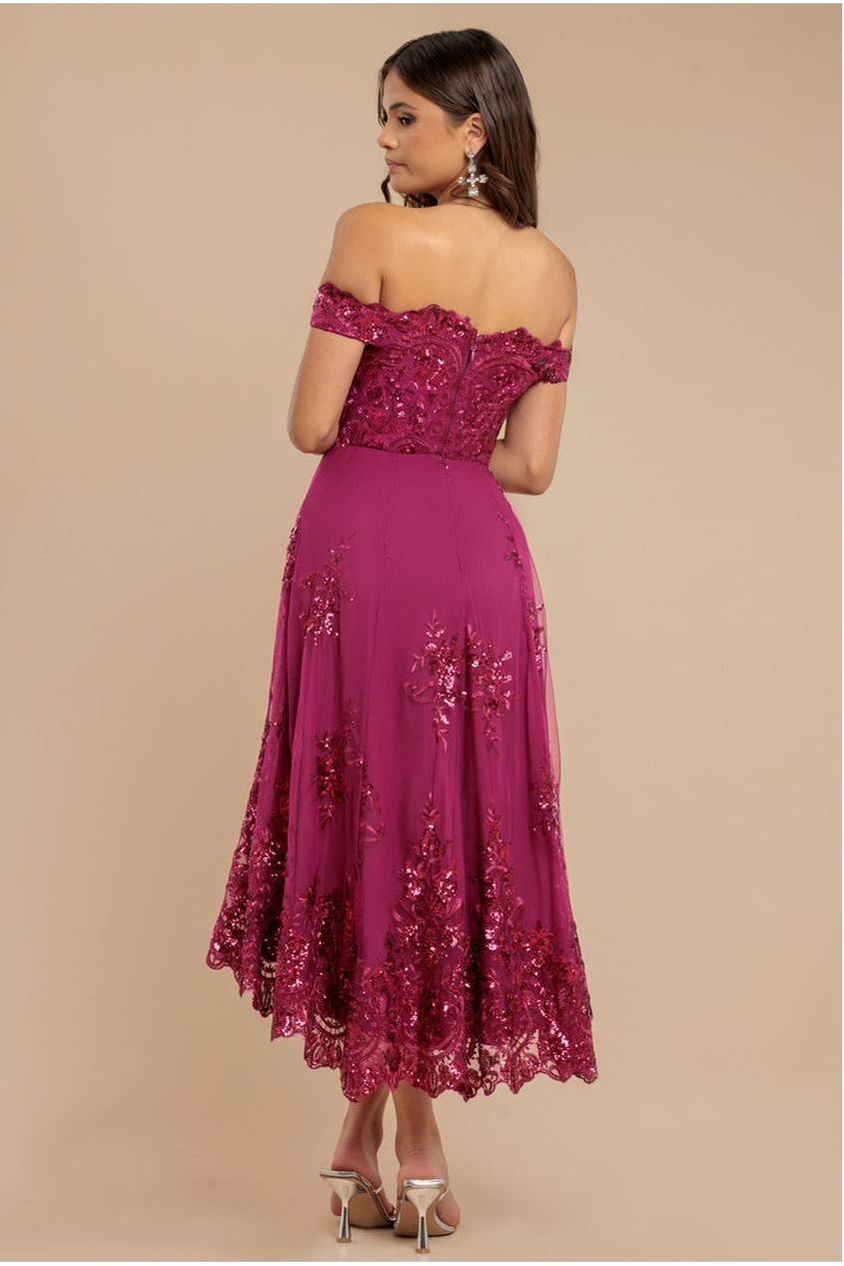 Bardot Sequin & Lace High Low Midi - Magenta by Goddiva