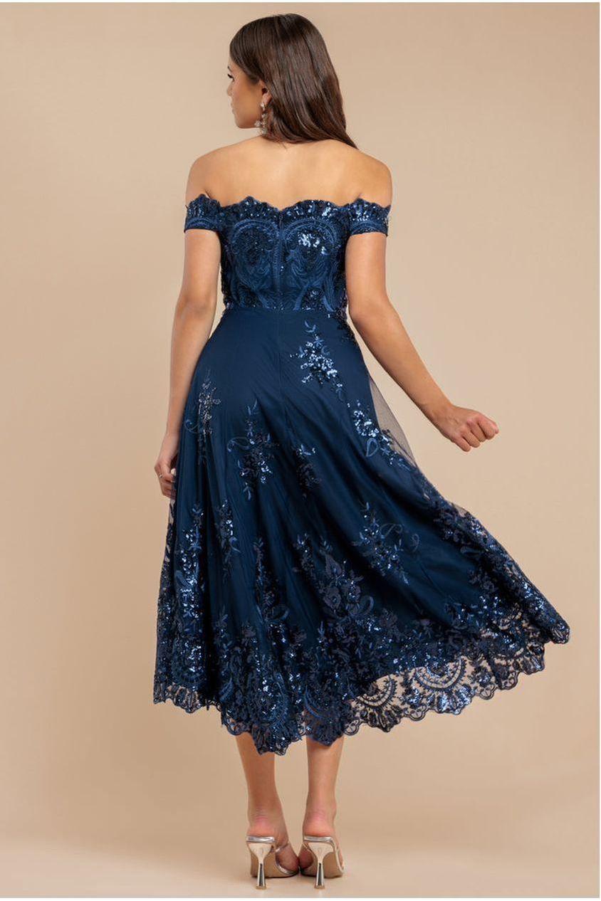 Bardot Sequin & Lace High Low Midi - Navy by Goddiva