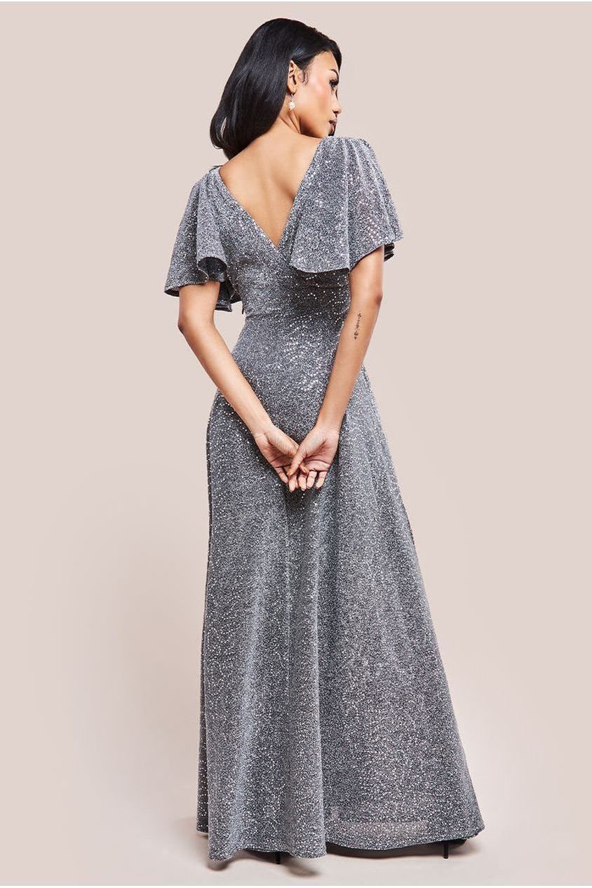 Sequin Lurex Flutter Sleeve Maxi Dress - Silver by Goddiva