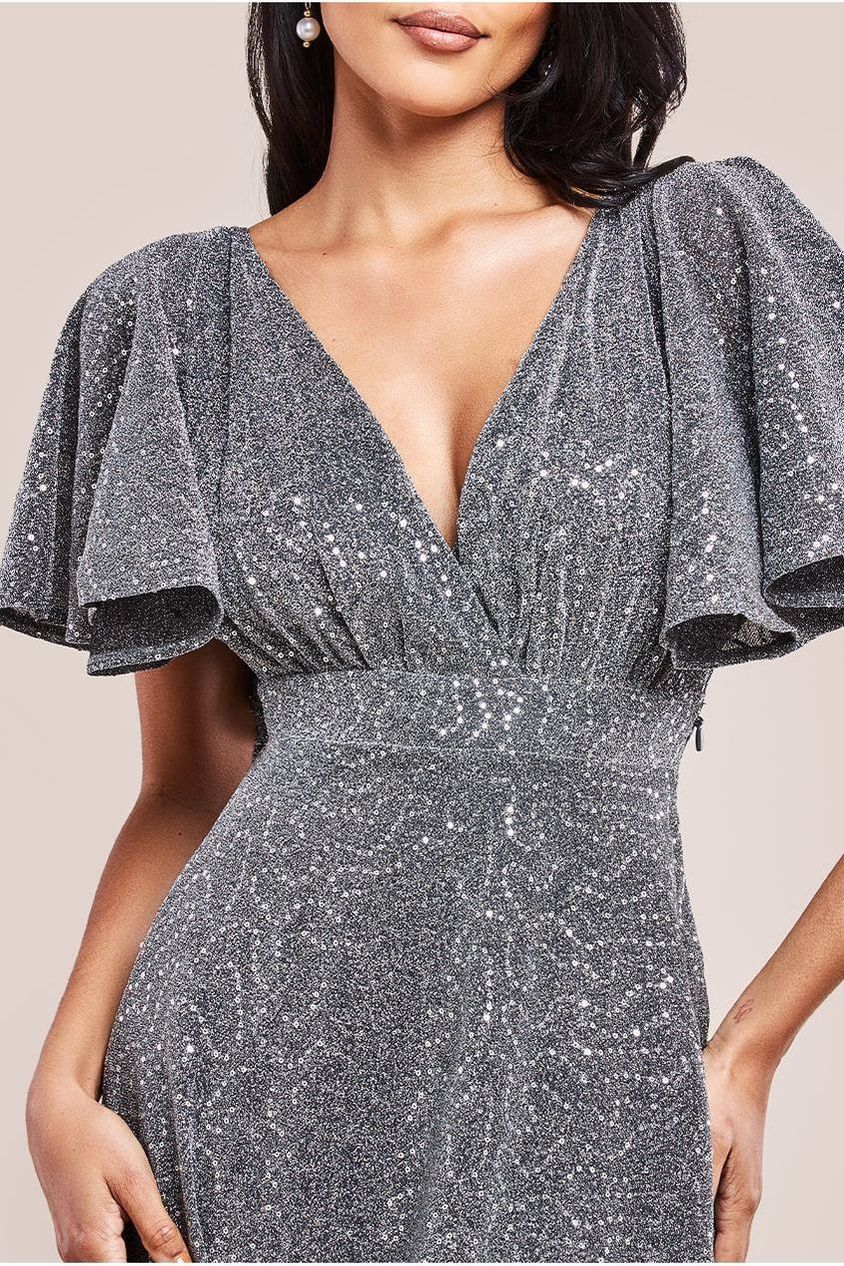 Sequin Lurex Flutter Sleeve Maxi Dress - Silver by Goddiva
