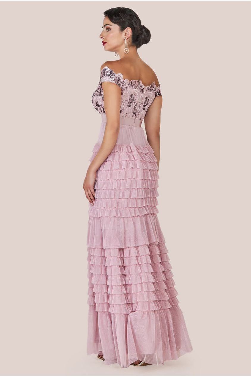 Scallop Bardot Ruffle Mesh Maxi - Blush by Goddiva