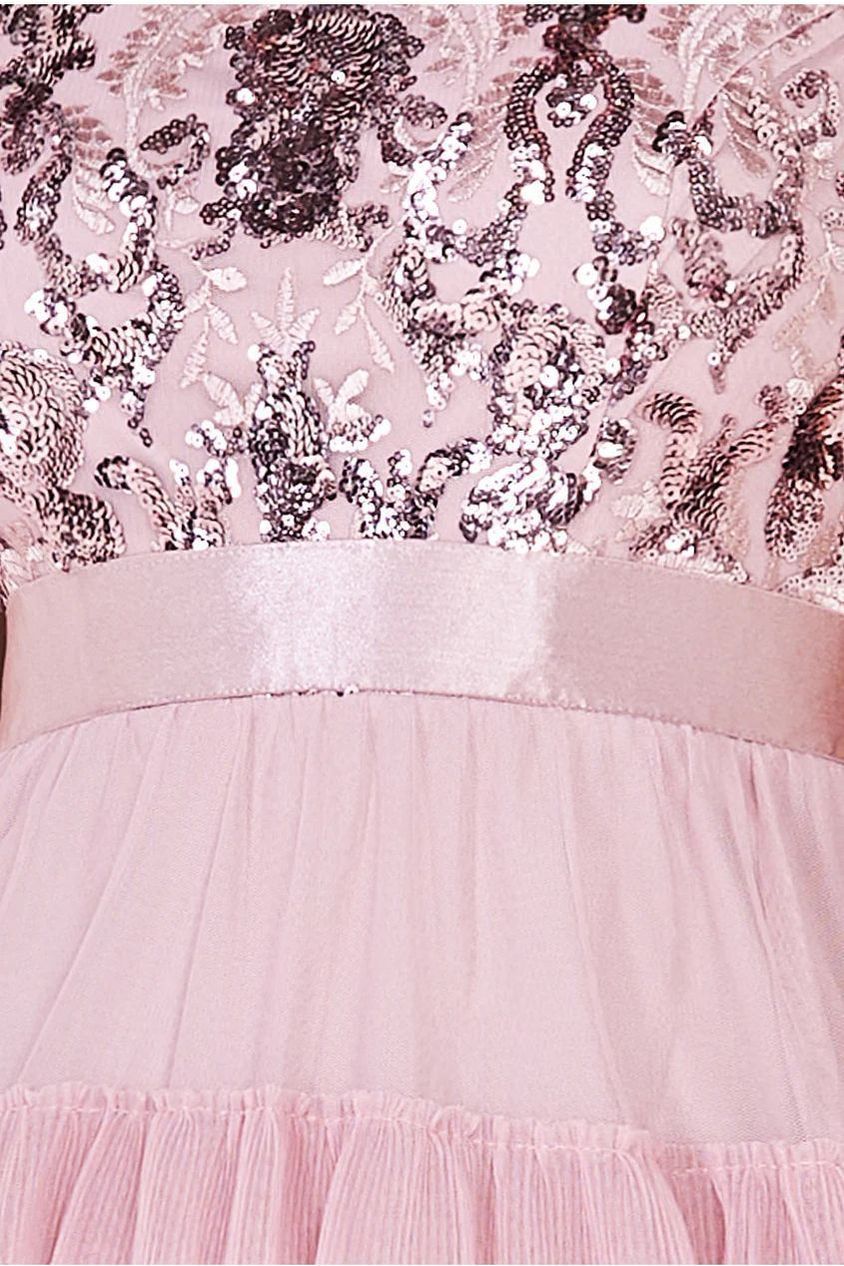 Scallop Bardot Ruffle Mesh Maxi - Blush by Goddiva